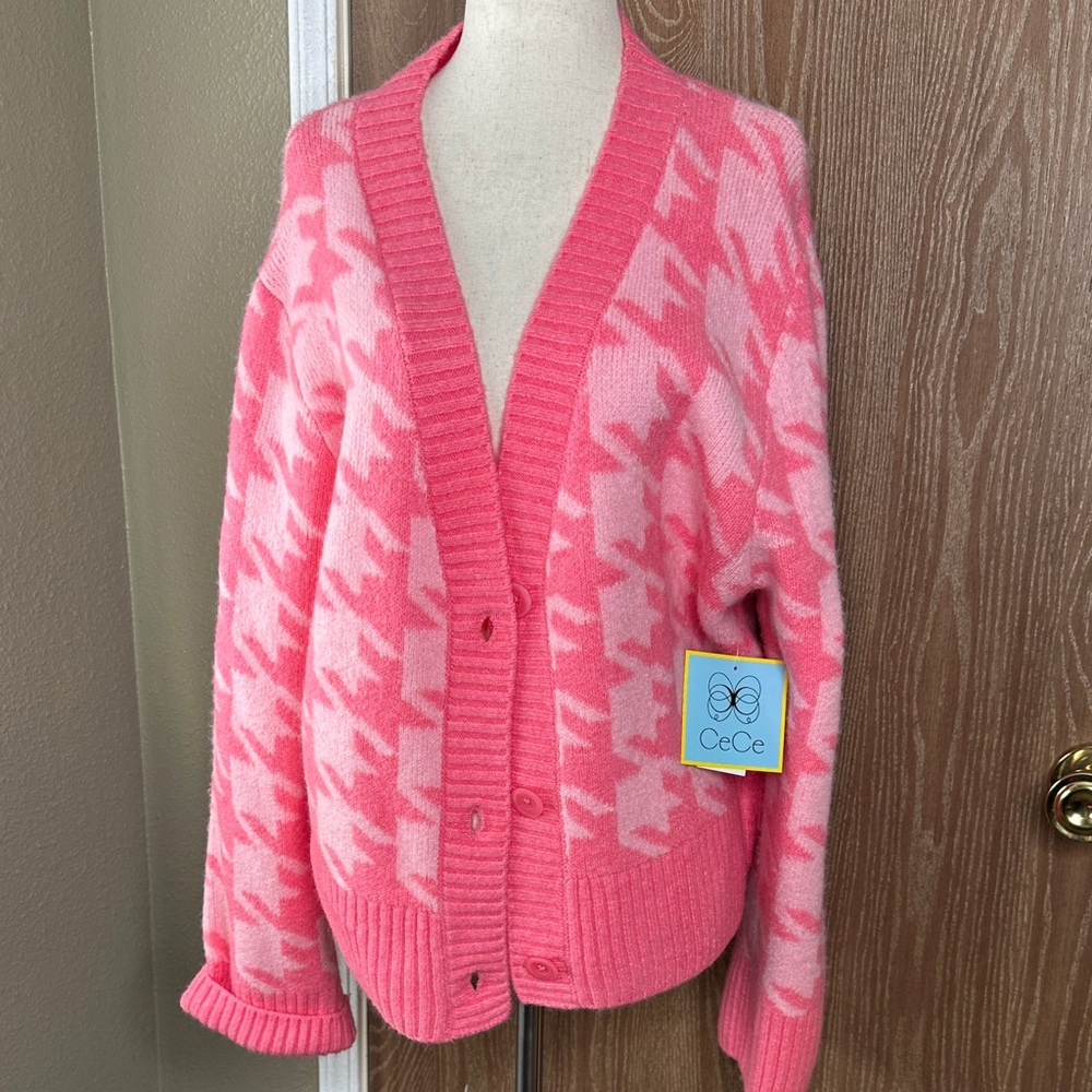 CeCe Women's Vibrant Pink Houndstooth Cardigan